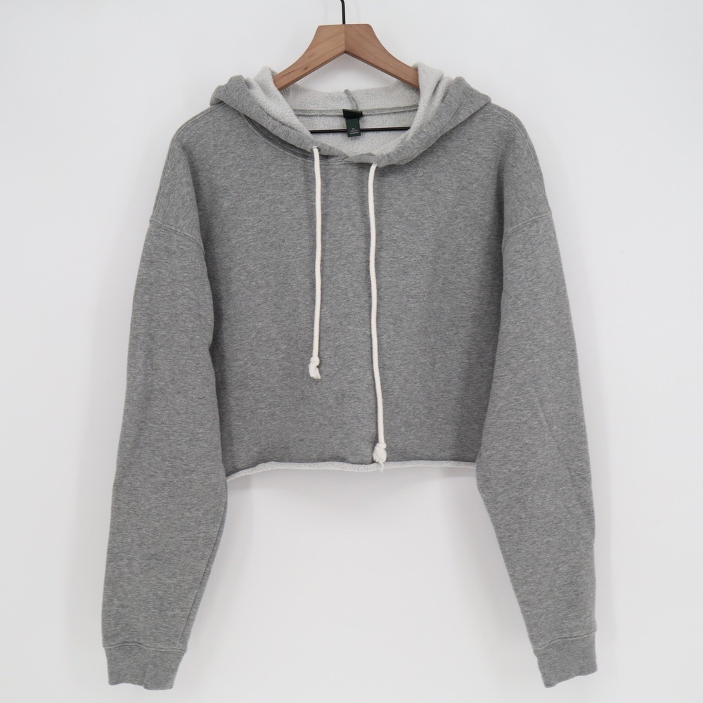 Wild Fable Womens XL Heather Gray Cropped Raw Hem Fleece Hoodie Sweatshirt - Picture 2 of 6